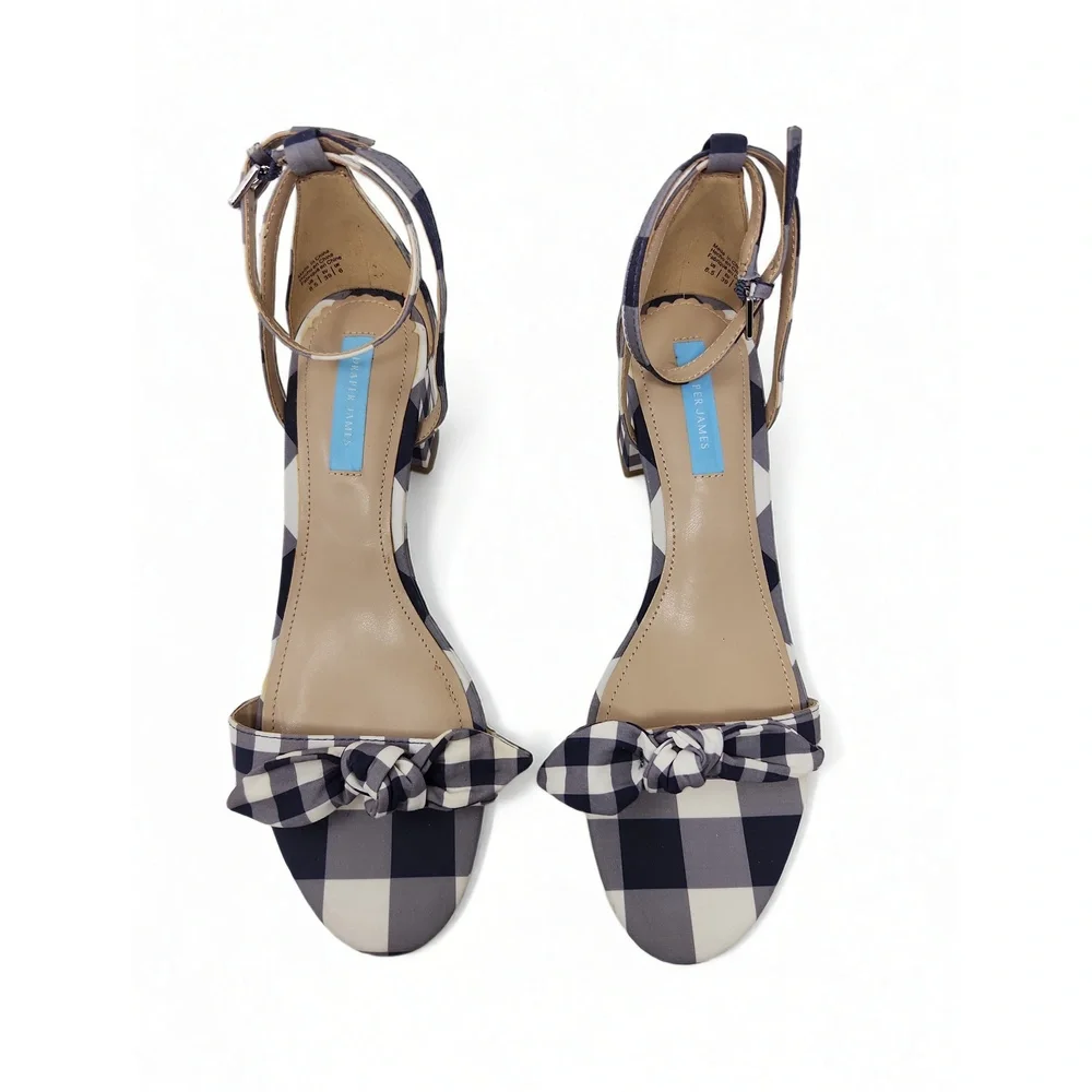 Draper James Gingham Block Heel Sandals Open Toe Knot Ankle Strap Size 8.5